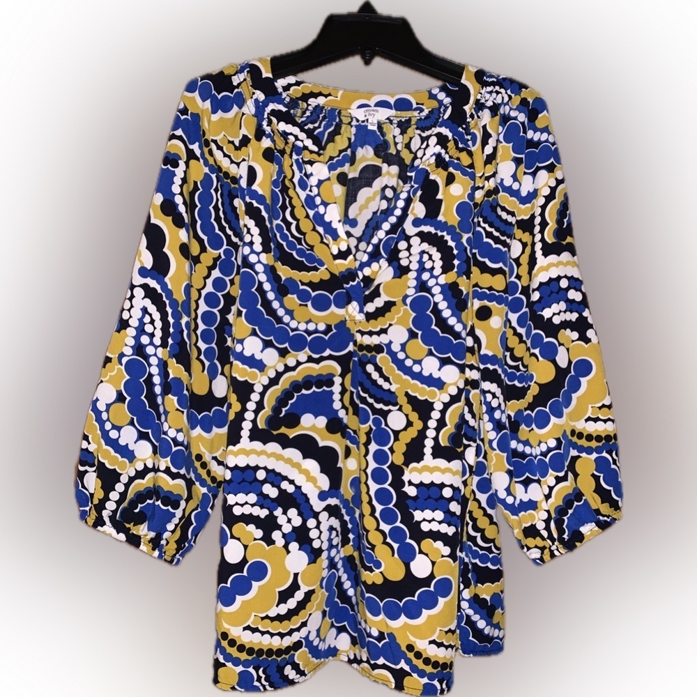 Crown & Ivy Artsy Print Flowy Peasant Sleeve Blouse Top V Neck Lightweight L